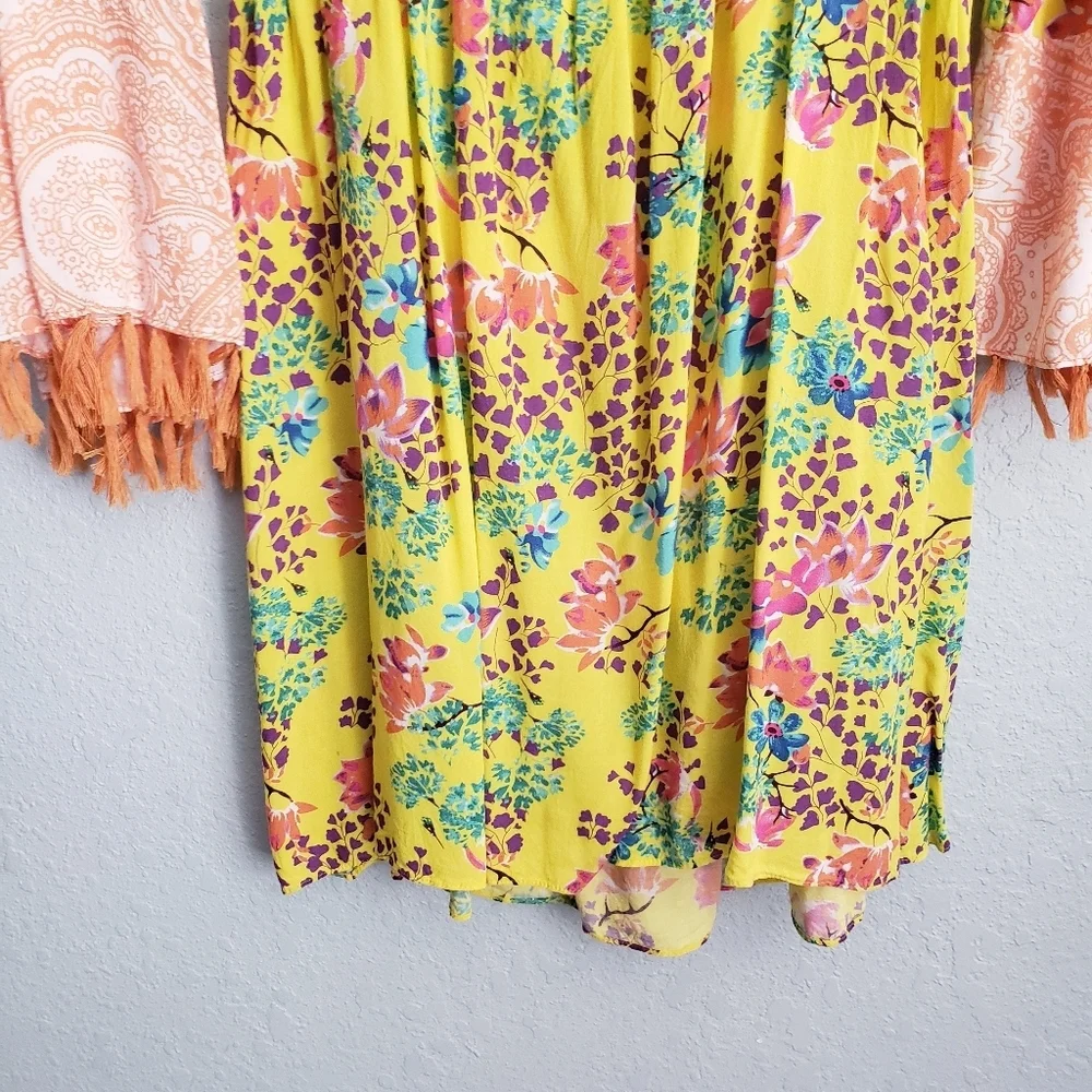 Sofia By Vix Yellow Multicolor Floral Bohemian Swim Coverup Dress